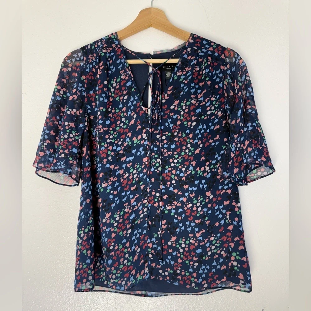 Ted Baker Navy Floral Dot Tie-Neck Blouse Size O NWT
